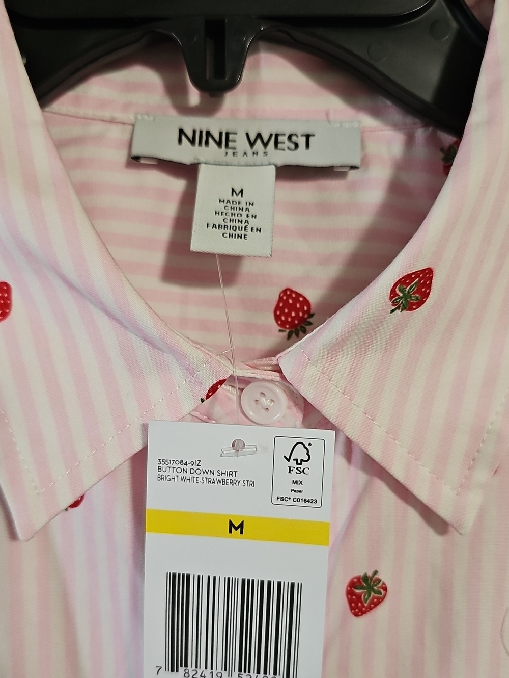 Nine West Pink Stripe Button-Up Shirt with Red Sttawberry Print - Picture 2 of 7